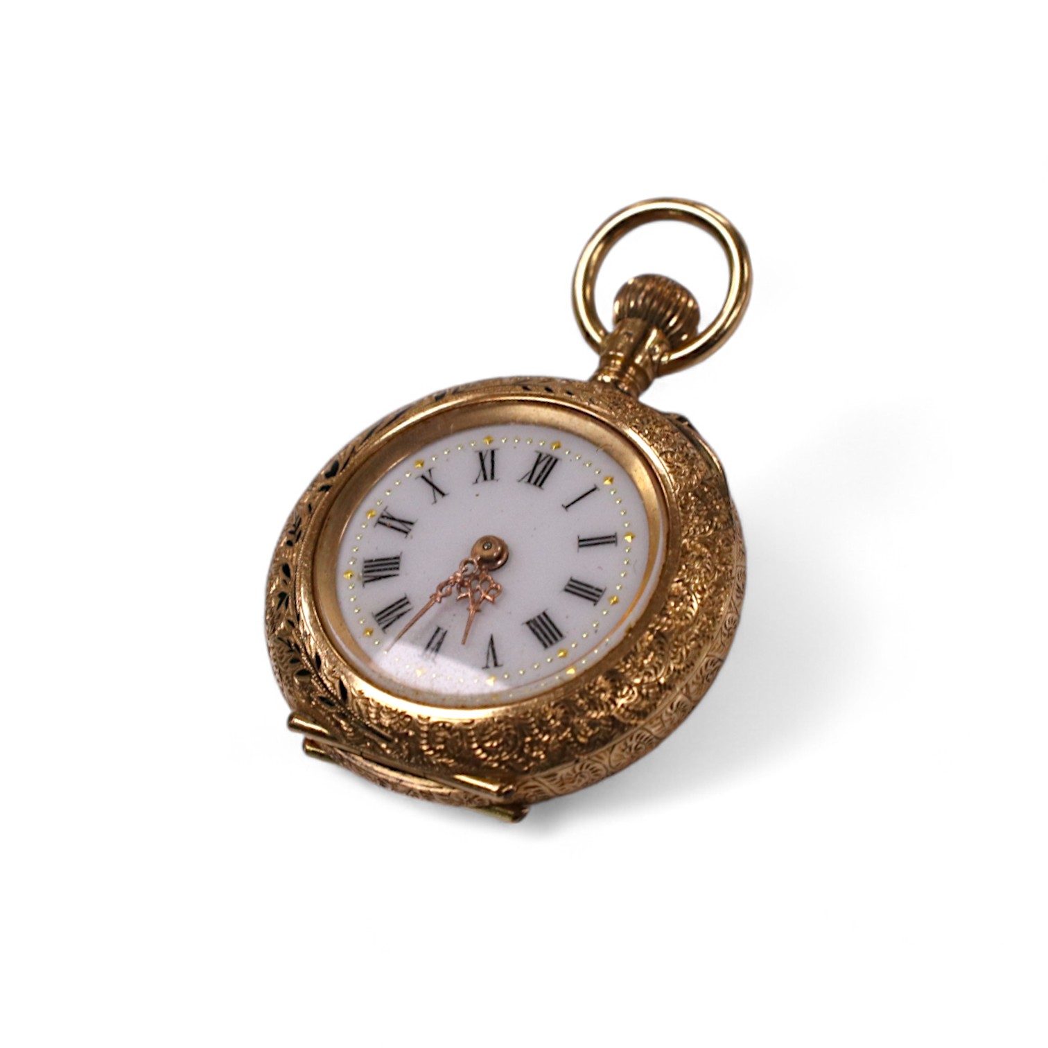 A lady's 14ct and enamel open face keyless fob watch, gross weight 16.6 grams. Condition - poor to fair